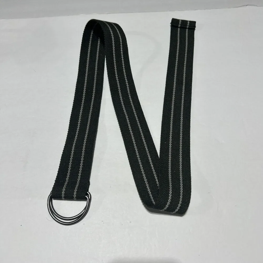 Mens Canvas Web Belt Striped Green Grey Metal Double D-Ring Adjustable 42 Inch